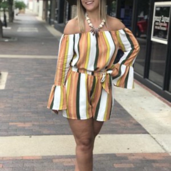 & Merci Striped Off-Shoulder Romper Jumper Size S Muted Orange Gold Playsuit Fun - Picture 11 of 12